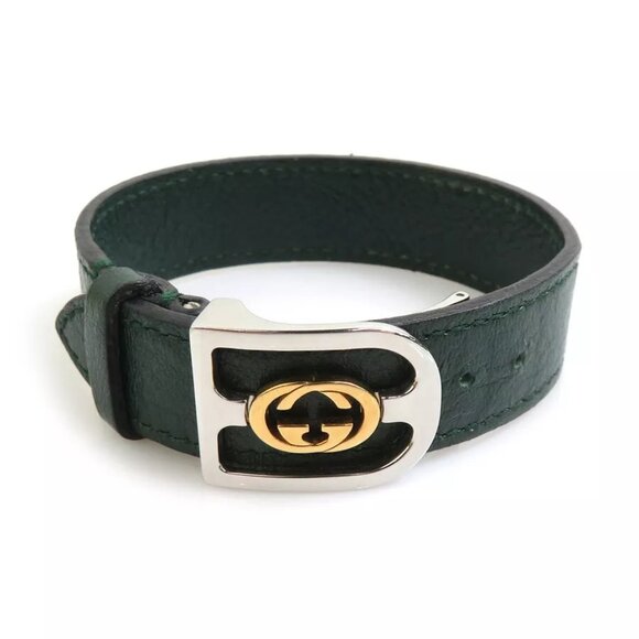 Auth GUCCI Interlocking G Bracelet Green/Silver Leather/Stainless Steel h30825f - Picture 1 of 9